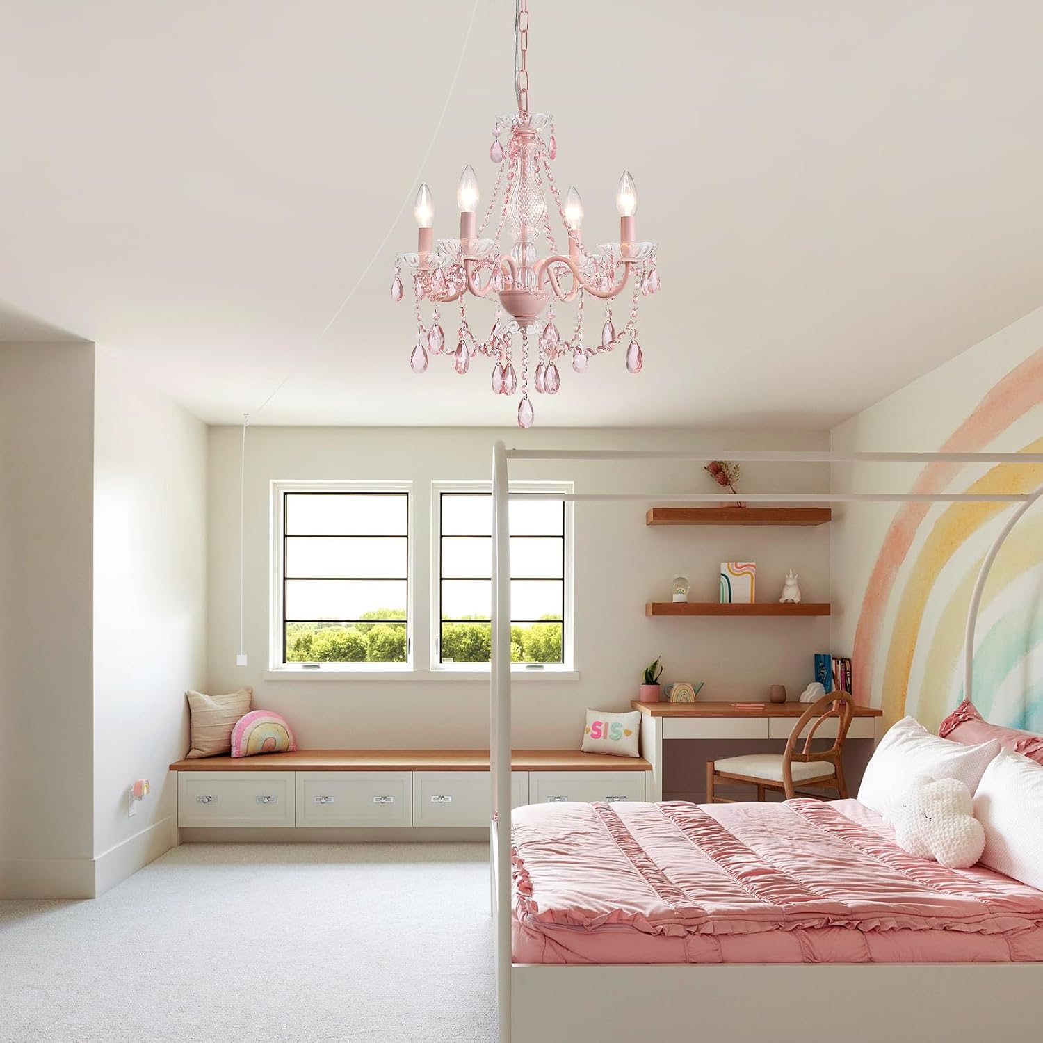 Plug in Crystal Pink Chandelier, (Not acrylic Crystal),Mini 4 Lights for Girls Room,Pink Crystal Hanging Pendant Light with Clear Cord and On Off, Chandelier for wedding, Kitchen, Dining,Foyer,Island